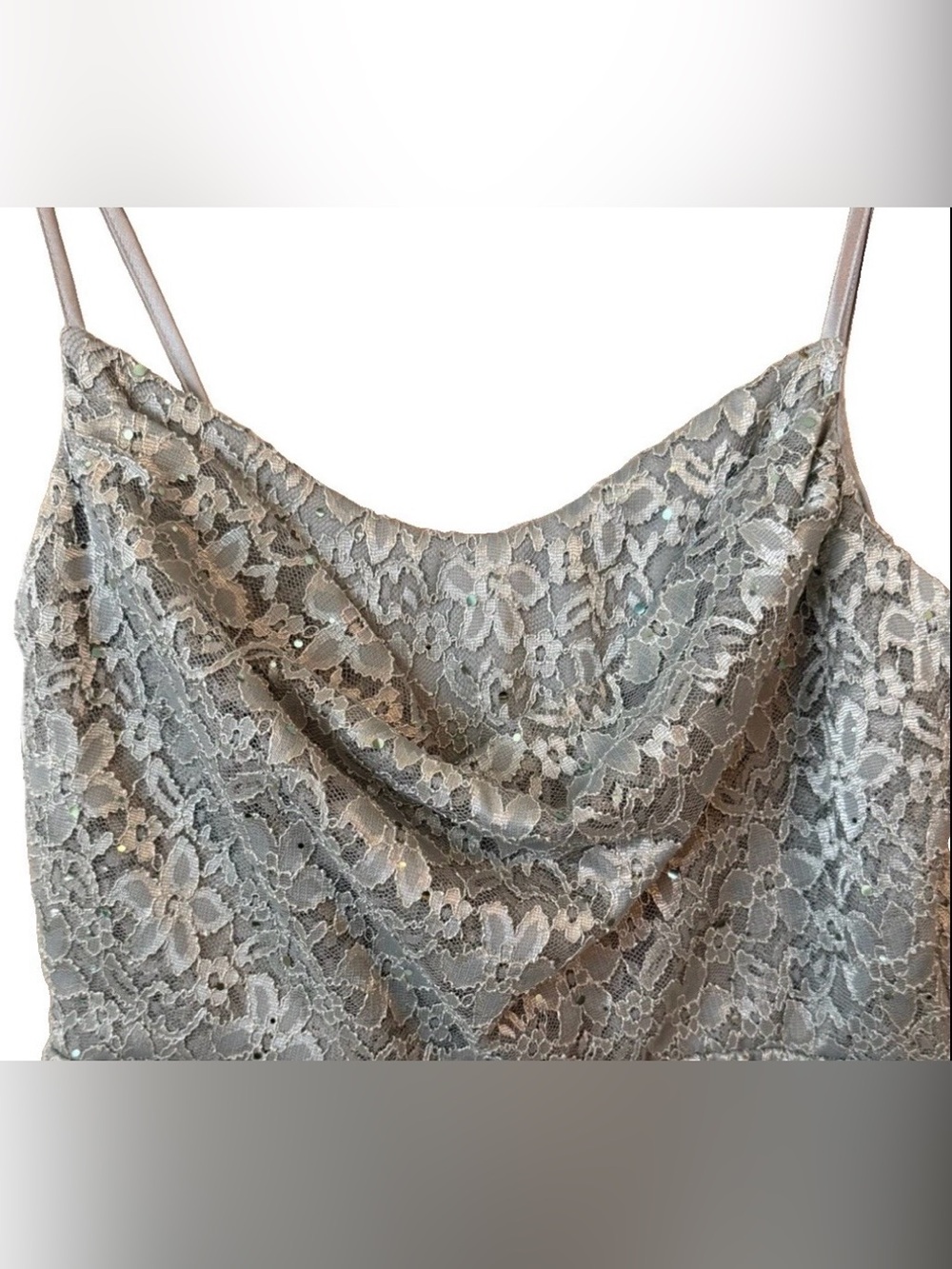 Silver Lace Ruffle Mini Dress Spaghetti Strap Size 15/16 - Picture 5 of 6